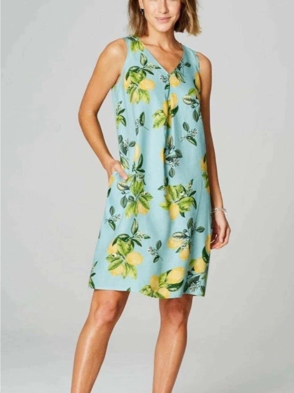 J. Jill 100% Linen Blue Lemon Print Sleeveless Shift Dress